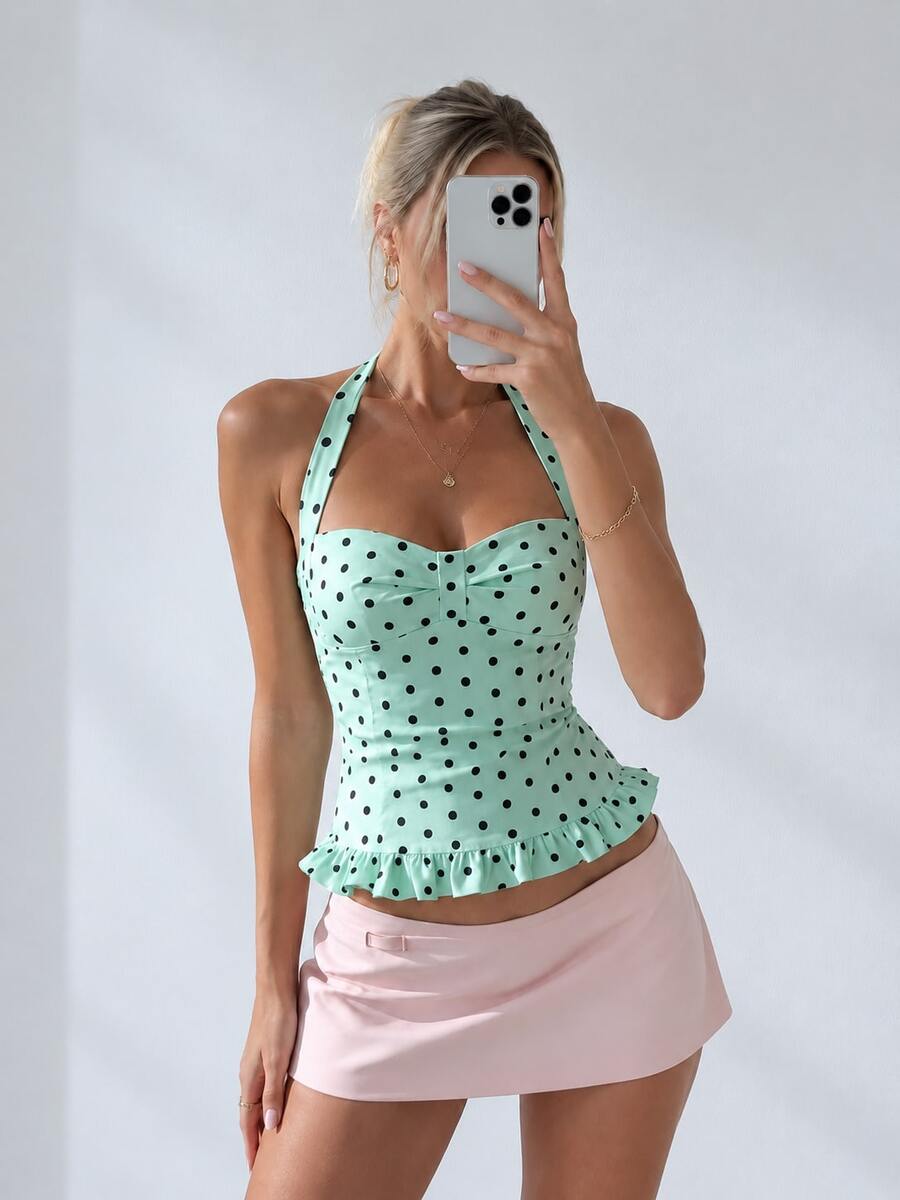 Kliou Summer Polka Dot Print Tank Top Women Halter Low-Neck Bandage Ruffles Backless Sleeveless Skinny Clubwear Basic Vest - Green - View 1