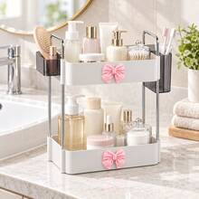 2‑Tier Makeup Organizer With Bow Decoration, Multi‑Functional Plastic Bathroom Storage Box, Countertop Organizer For Sink, Vanity And Cabinet, Compact Space‑Saving Design, Exquisite Bow Detail, Holiday & Birthday Gift, Decorative Bathroom Ornament - Multicolor - View 2