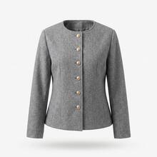 Autumn/Winter Grey Round Neck Gold Round Button Cinched Waist Short Overcoat, Minimalist Fine Tweed Texture French Commuter Jacket - Grey - View 6