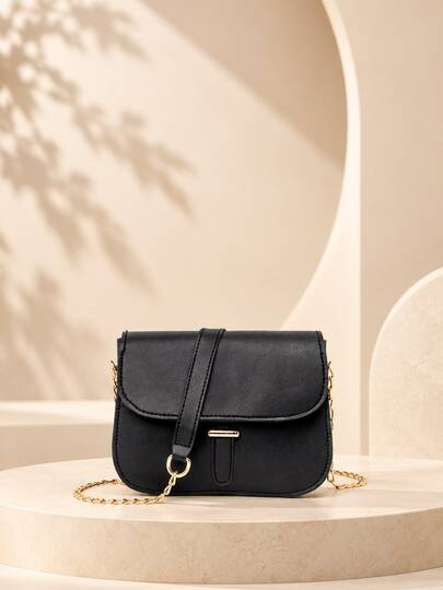 1pc Women's Minimalist Flap Saddle Bag, Metal Buckle Chain Crossbody Bag, Elegant Versatile Daily Shoulder Small Square Bag