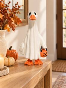 Halloween Ghost Duck Decorative Ornament With Pumpkin Bucket, Cute Spooky Fall Tabletop Decor, Funny Duck Home Decoration For Shelf, Mantel, Entryway, Living Room And Halloween Party - 1PC - View 3