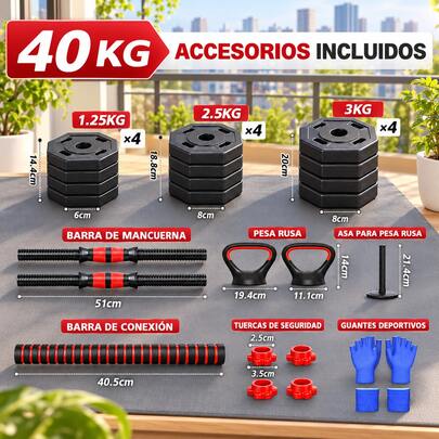 Mancuernas Ajustables 4 en 1 40 kg con Kettlebell y Barra de Conexión, Juego de Pesas con Discos Octogonales Ajustables, Set de Musculación con Soporte para Flexiones, Equipo Fitness de Carga Alta para Musculación y Entrenamiento Intenso en Casa, Pecho, Espalda, Brazos y Piernas