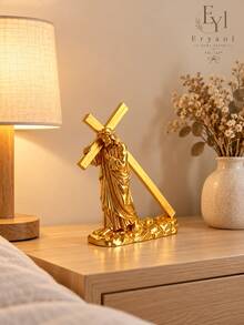 1PC Gold Jesus Carrying Cross Statue, 10cm Christian Religious Figurine, Metallic Faith Home Decor Sculpture For Prayer Room, Shelf, Desk, Bedroom, Church, Easter Christmas Gift - Jesus Cross - View 4
