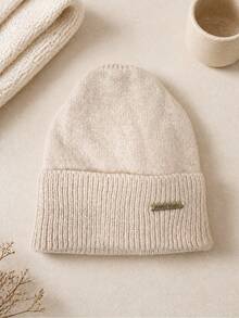 Men's Autumn/Winter Warm Knitted Beanie Hat With Folded Cuff, Metal Logo Decor, Simple Versatile Pullover Cap, Suitable For Daily Commute And Outdoor Wear - Knitted Hat - View 10
