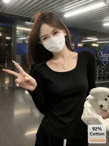 女款秋季純棉長袖T恤，黑色大U領上衣，百搭修身純色內搭底層 - 黑色 - 查看 3