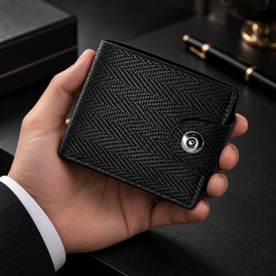 HOVI'S Men's Snap Button Bifold Short Wallet, PU Leather Slim Credit Card Purse With Clear ID Window Multi Card Slots Cash Compartment - Black - View 1