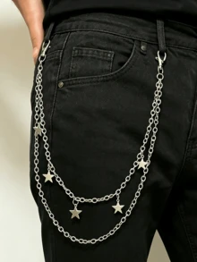 1pc Punk Metal Pentagon Star Pendant Double Chain Pants Chain Men's Women's Cool Hip-Hop Waist Chain Accessory - Silver - View 2