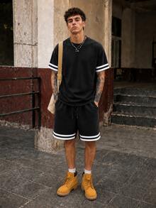 FRACTYR Men's Summer American College Style Graphic Crew Neck Short Sleeve T-Shirt And Drawstring Shorts Set, Suitable For Summer Wear - Black - View 1
