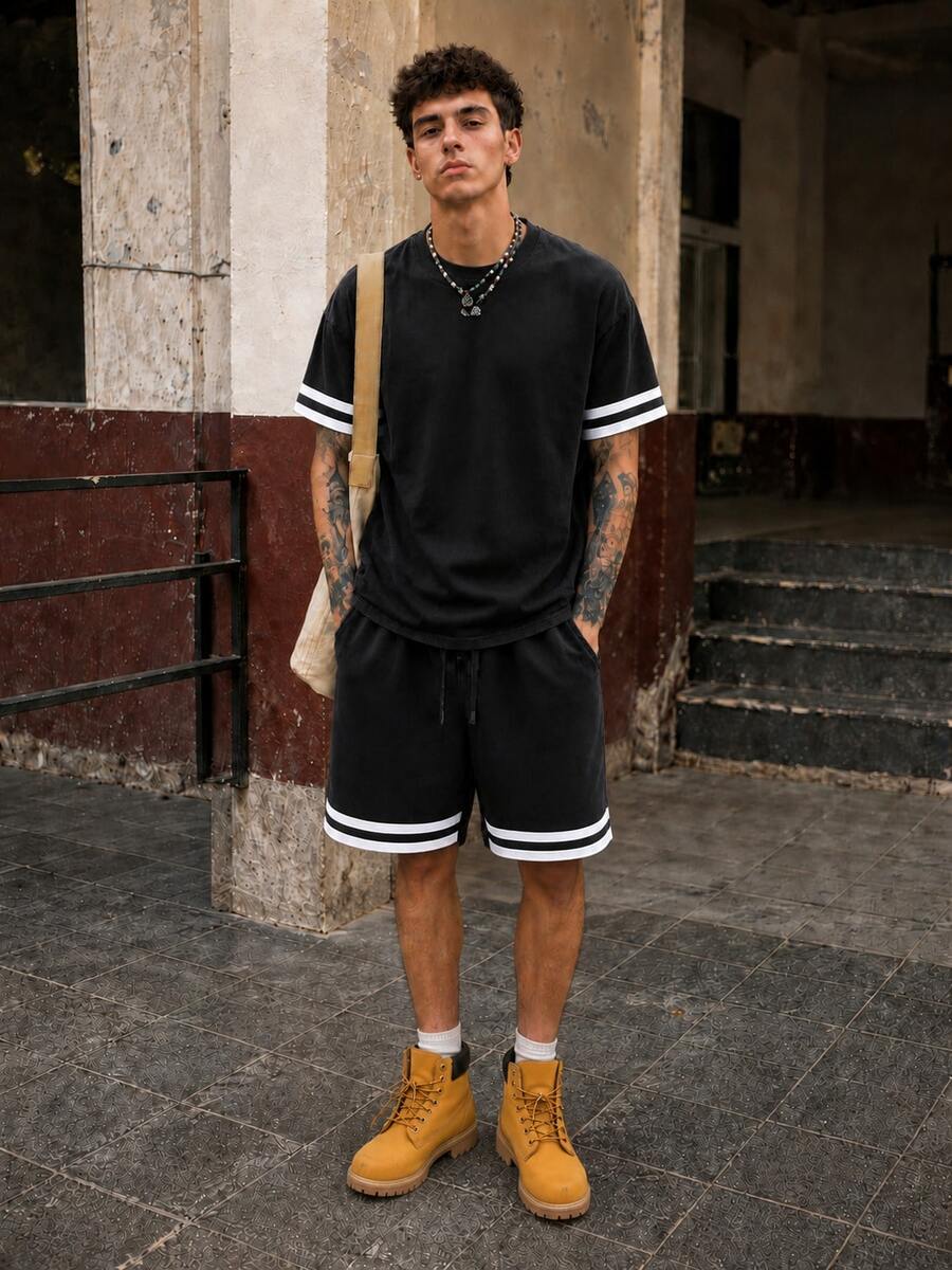 FRACTYR Men's Summer American College Style Graphic Crew Neck Short Sleeve T-Shirt And Drawstring Shorts Set, Suitable For Summer Wear - Black - View 1