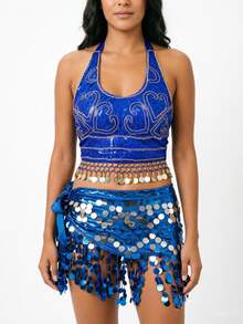 Bohemian Sequin Embroidered Chest Piece, Coin Tassel Hem & Round Sequins Tassel Hip Scarf, Exotic Body Accessory For Vacation Carnival (Multiple Colors Available) - Multicolor - View 12