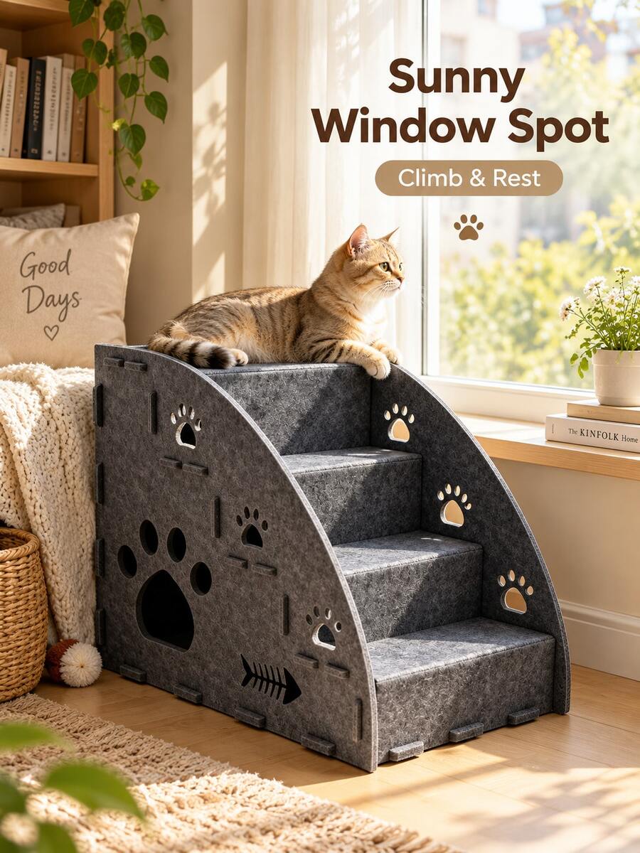 Pet Stairs Cat Bed Combo, Multi-Functional Felt Pet Stairs Ramp, Cat And Small Dog Bedside Sofa Access Steps, 2/3/4 Steps Optional Pet Climbing Ladder