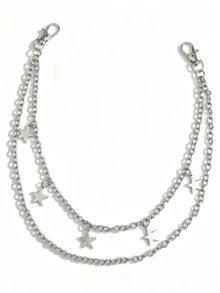1pc Punk Metal Pentagon Star Pendant Double Chain Pants Chain Men's Women's Cool Hip-Hop Waist Chain Accessory - Silver - View 7