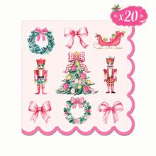 Christmas Scalloped Paper Napkins, Pink Watercolor Nutcracker & Wreath Design Disposable Cocktail Napkins For Holiday Party Table Decor - Multicolor - View 10