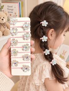 10 buah Ikat Rambut Elastis Tinggi Motif Bunga Rhinestone 3D untuk Anak Perempuan, Aksesori Rambut Sehari-hari, Sekolah, dan Kasual yang Lucu dan Serbaguna untuk Anak Perempuan Kecil - Putih - View 2
