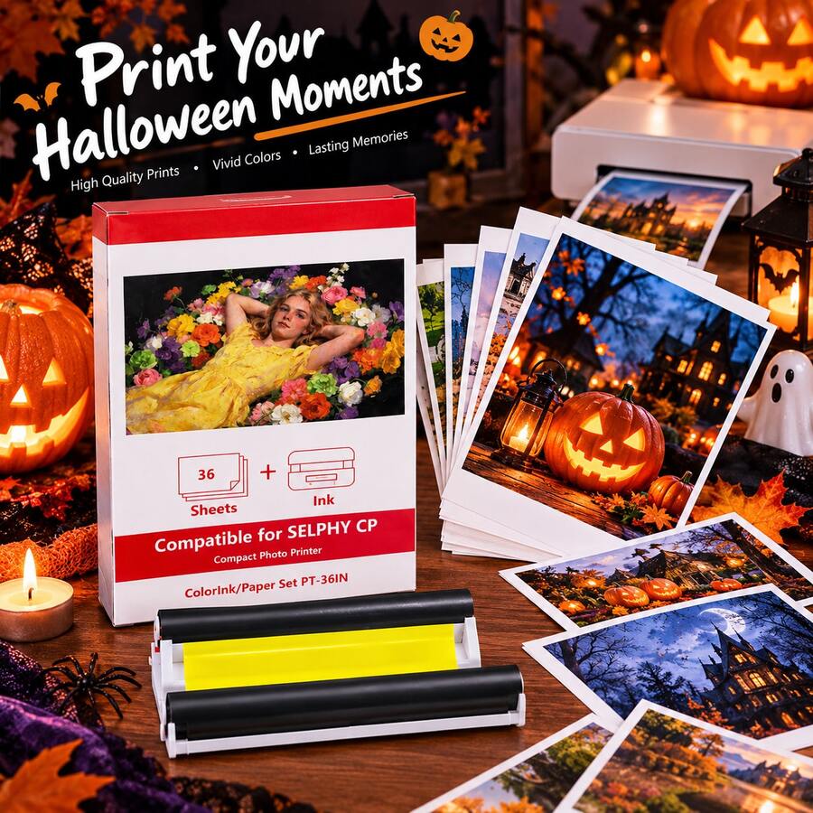 4x6 Glossy Photo Paper & Ink Ribbon Set, Fade-Resistant Sublimation Refills Compatible With SELPHY CP1500 CP1300 CP1200 CP910, Waterproof Paper For Christmas Holiday Crafts, Halloween Decor, Family Albums, Refill Only - View 1