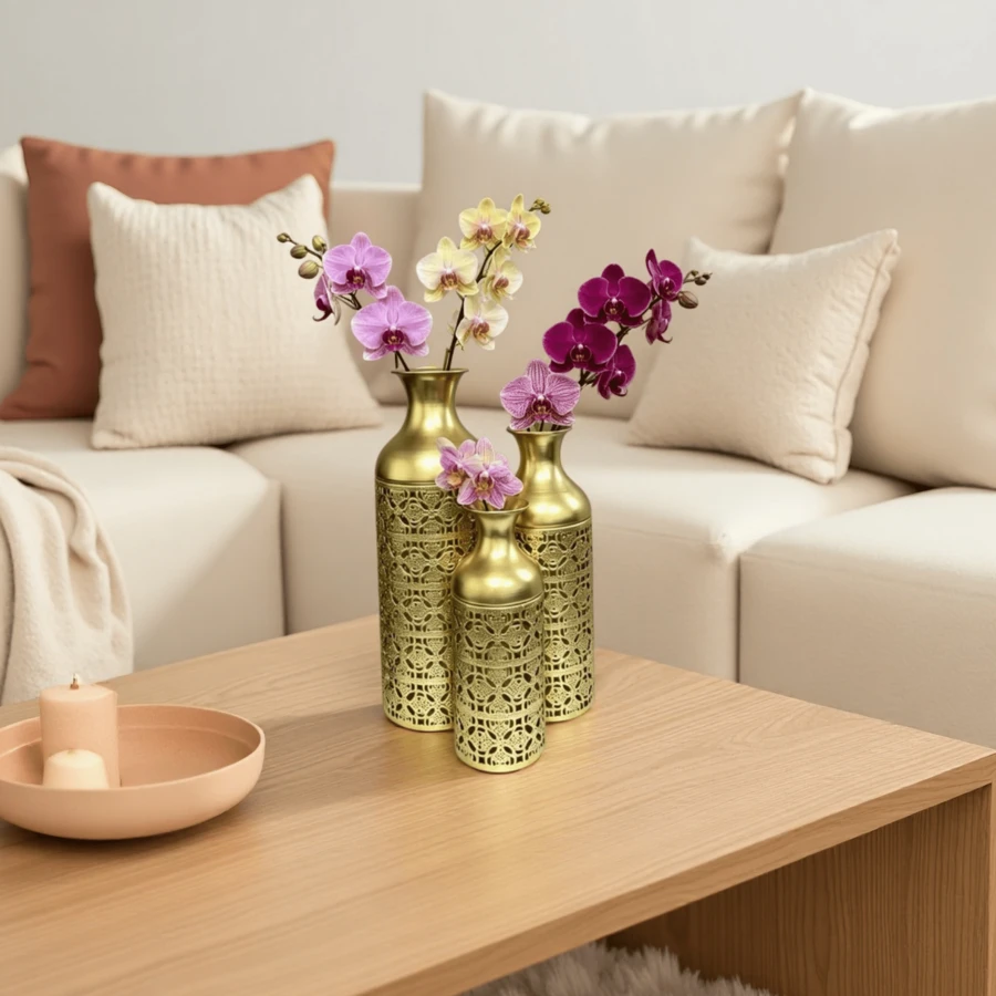 Metal Vase, Decorative Modern Hollow Texture Ornament Vase, Suitable For Living Room, Dining Room, Bedroom, Home, Corner, Hallway, Indoor, Office - C - View 1