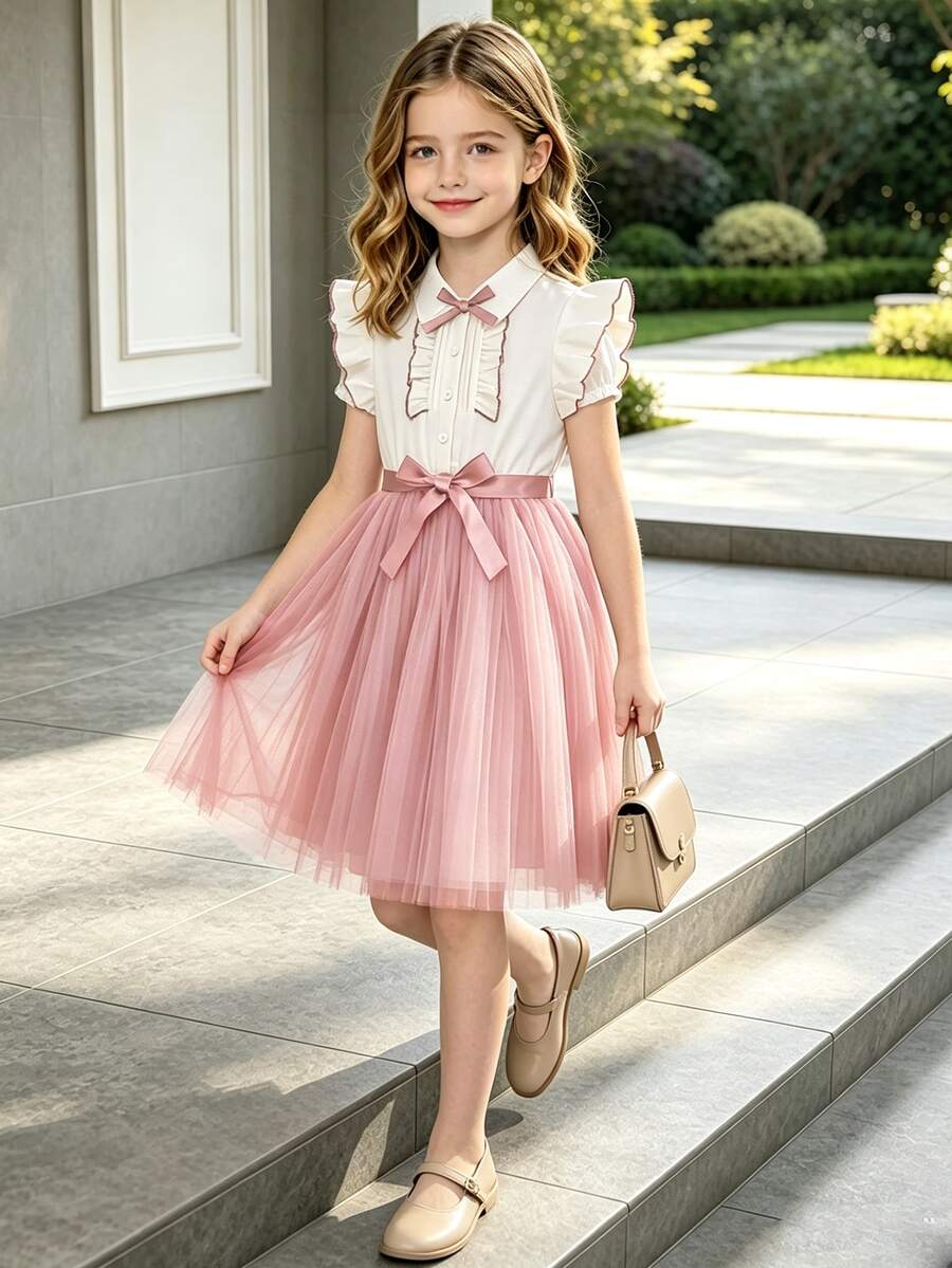 Left Mama Girls' Elegant Bowknot Cap Sleeve Mesh Dress, Casual Academic Style For Summer - Pink - View 1