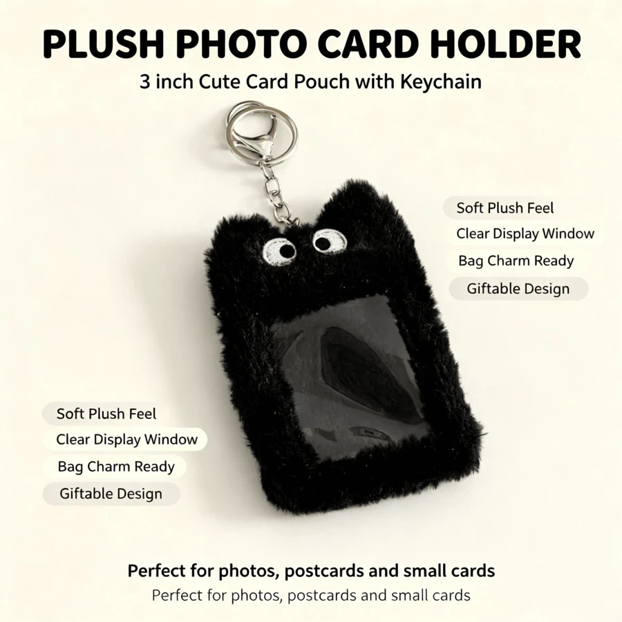 Plush 3-Inch Card Holder With Keychain Pendant, Transparent Window For Storing Small Cards, Photos, Postcards, Christmas And Halloween Gift Item, Bag-Hanging Card Storage Bag, Portable, For Girlfriend And Friends - Black - View 1