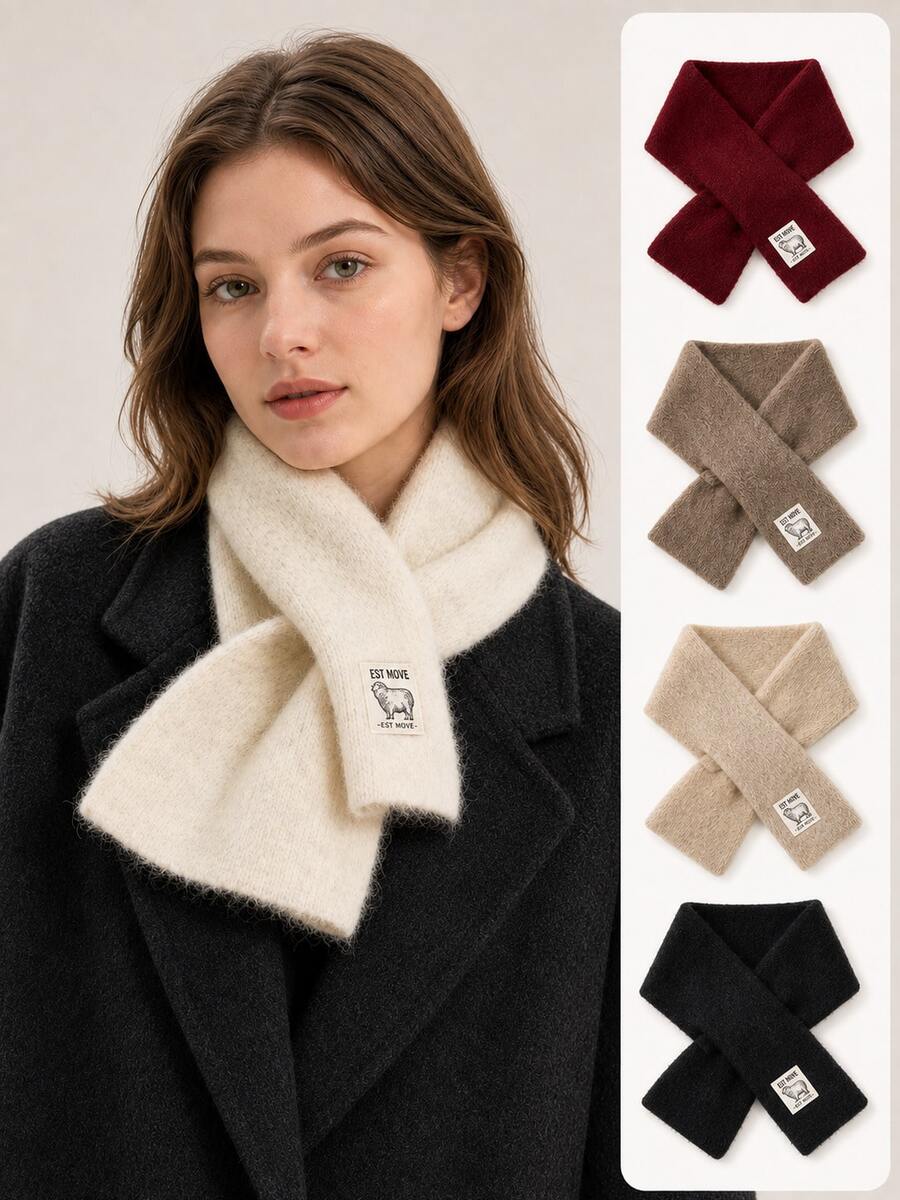 Women's Autumn/Winter Short Knitted Scarf, Solid Color Warm Cross Neck Warmer With Small Sheep Pattern Label - Scarf - View 1
