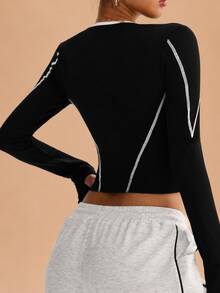 1pc Women's Seamless Small Round Neck Front Zipper Contrast Line Thumb Hole Running Fitness Workout Yoga Outdoor Sports Jacket - Black and White - View 2