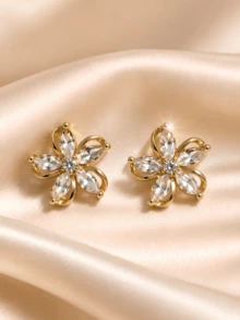 1 Pasang Anting Tusuk Bunga Potongan Marquise untuk Wanita, Anting Bunga yang Indah - Emas - View 3