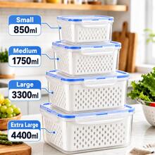 Juego de 4/3/1 piezas de contenedores de almacenamiento de alimentos azules con colador y tapa desmontables, organizador apilable para refrigerador, caja de almacenamiento y escurridor de frutas y verduras, adecuado para cocina y preparación de comidas - Ver 7