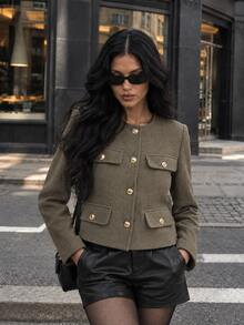 TRAFZA Women's Elegant Casual Tweed Jacket, Spring Round Neck Decorative Long Sleeve Solid Color Coat - Khaki - View 6