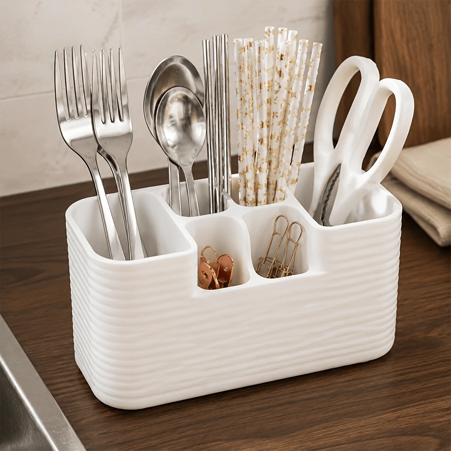 1pc Kitchen Utensil Storage Rack, 6-Compartment Dish Drainer With Drainage Holes, White Plastic Cutlery Organizer Box, Countertop Utensil Chopstick Spoon Fork Storage Organizer, Multi-Functional Kitchen Sink Accessory For Home Dining - Multicolor - View 1