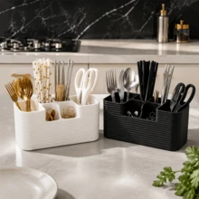1pc Kitchen Utensil Storage Rack, 6-Compartment Dish Drainer With Drainage Holes, White Plastic Cutlery Organizer Box, Countertop Utensil Chopstick Spoon Fork Storage Organizer, Multi-Functional Kitchen Sink Accessory For Home Dining - Multicolor - View 6