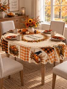 Autumn Pumpkin Patchwork Tablecloth, Hello Fall, Welcome Fall, Harvest Blessings Theme Prints, Sunflower Pumpkin Maple Leaf Plaid Patchwork Design, Vintage Country Farmhouse Style Rectangular Dining Tablecloth, Suitable For Kitchen Dining Table, Family Gathering, Thanksgiving Party, Autumn Home Decor - Multicolor - View 2