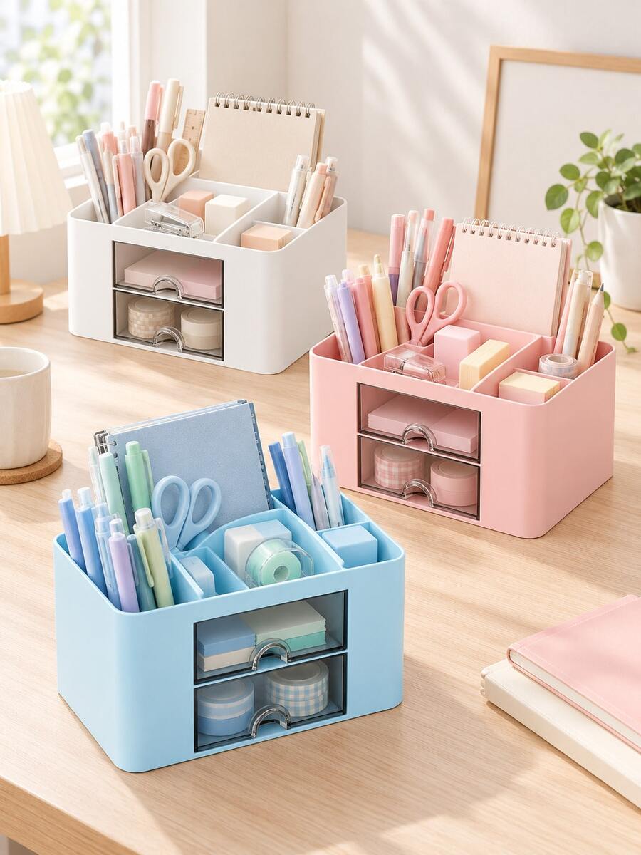 1pc Desktop Organizer Rack, Desktop Storage And Display Box With 2 Drawers, Multi-Functional Desktop Ornament Pen Holder, Desktop Organizer Rack With 5 Compartments And Storage, Office Desktop Organizer - Multicolor - View 1
