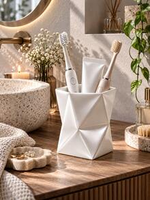 1pc White Geometric Toothbrush Cup, Modern Minimalist Electric Toothbrush And Toothpaste Countertop Storage Rack, Multi-Functional Bathroom Sink Storage Cup, Mouthwash Cup, Couple Home Dorm Bathroom Accessory, Sink Essential And Decor - Multicolor - View 6