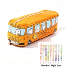 1pc Kids Cute Bus Canvas Pencil Case,With 2Pcs Random Mechanical Pencils,High Capacity Cartoon Car Pouch,School Stationery Storage Bag,Back To School - Multicolor - View 10