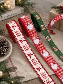 Christmas Ribbon With Santa Traditional Red Green Plaid Xmas Tree Merry Christmas Elk Reindeer Snowflake Bow Bear Mistletoe Pattern For Gift Wrapping Bow Wreath DIY Craft Festive Holiday Home Decor Baking Supply - Multicolor - View 8