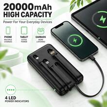 20000mAh Portable Charger With Built-In Cables, USB C Power Bank For Multiple Devices, LED Flashlight Battery Pack For Travel, Camping, Outdoor & Daily Use - Black - View 4