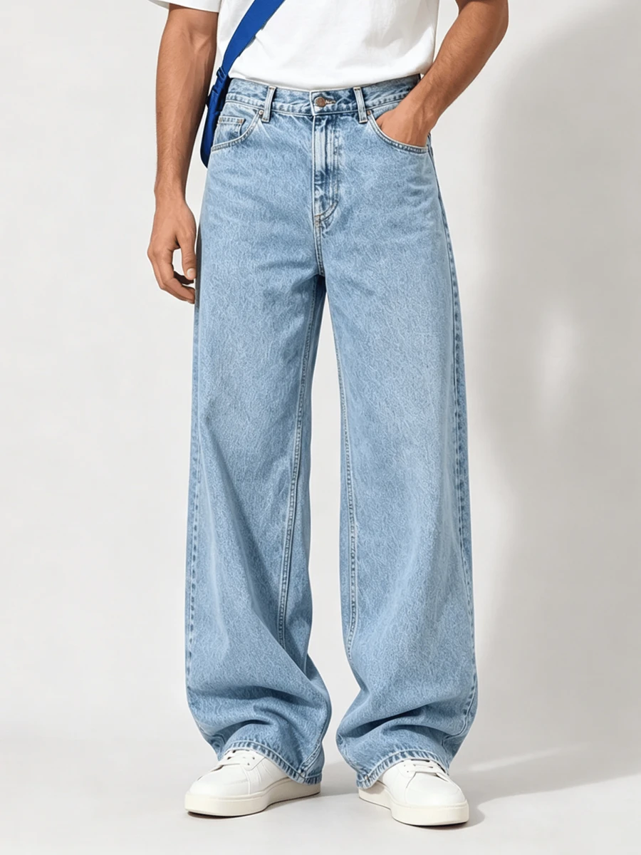 Men's Fashionable Retro Loose Wide-Leg Jeans - Medium Wash - View 1