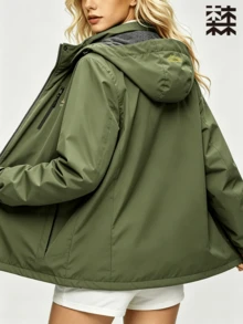 mulinsen Women's Hooded Softshell Jacket, Thermal Lined, Windproof, Full Zip Closure, Outdoor Activities, Daily Wear - Army Green - View 5