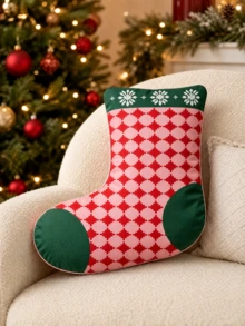 Christmas Stocking Pillow, Pink And Red Geometric Pattern Cushion With Green Cuff And Snowflake Design, Suitable For Sofa, Bedroom, Holiday Home Decor - Multicolor - View 1