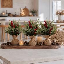 1pc 9.8 Inch Mini Artificial Christmas Tree With Burlap Base, Realistic Green Pine Branches And Red Berries, Rustic Style Desktop Holiday Decor, Suitable For Home, Office, Desk, Shelf, Store Display, Christmas Party And Winter Decoration - Mini Artificial Christmas Tree With Pine Branches and Red Berries - View 6