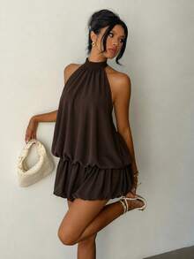 Mono Corto Elegante de Cuello Halter para Mujer, Color Negro Sólido Sin Mangas Estilo Casual Verano - Marrón - Ver 3