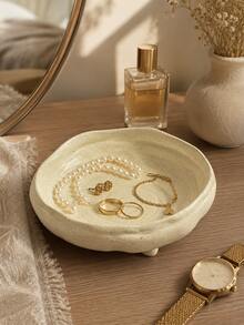 1pc Beige Asymmetrical Round Jewelry Tray, Elegant Storage Dish And Key Holder, Suitable For Rings, Earrings, Necklaces, Bracelets, Watches And Small Accessories, Entryway, Vanity, Dressing Table, Bedroom, Living Room Desktop Storage, Home Decor Gift - Multicolor - View 2