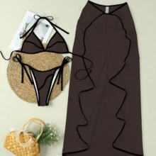 HOTTIE HABIT Bộ bikini 3 món phối màu nâu cho nữ, áo tam giác dây mảnh, quần cạp cao và áo khoác quấn bèo, phù hợp đi biển mùa hè - Nhiều màu - Xem 6