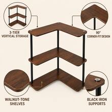 Maximize Your Unused Corner Space With This 3-Tier L-Shaped Storage Rack. Equal-Length Arms Naturally Fit 90° Corners, And 3-Tier Open Walnut-Toned Shelves Increase Vertical Storage Space Without Obstructing Surrounding Areas. The Slim Black Iron Frame Creates A Light And Modern Appearance, With Rounded Outer Edges Softening The Overall Look. Perfect For Kitchen Countertop Storage Of Spices And Mugs - Multicolor - View 7