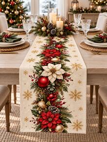 1pc Christmas Linen Table Runner, Red & White Color Scheme With Holly Berry, Pine Cone And Snowflake Decor, Suitable For Holiday Dining, Kitchen, Farmhouse Style Christmas Party - Multicolor - View 11