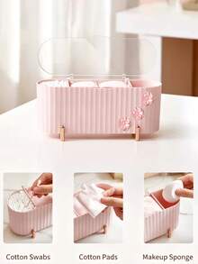 Cute Flower Decor 3‑Compartment Makeup Pad Storage Box, Clear Lid Dust‑Proof Desktop Organizer For Cotton Pads, Q‑Tips, Beauty Sponge, Small Cosmetic Accessory Storage Container For Vanity Bathroom - Multicolor - View 4