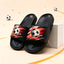 Cool Flame Vortex Soccer Design Kids Slippers, EVA Soft Sole, Durable, Home & Beach, Boys Summer Casual Foam Slides - Black - View 2
