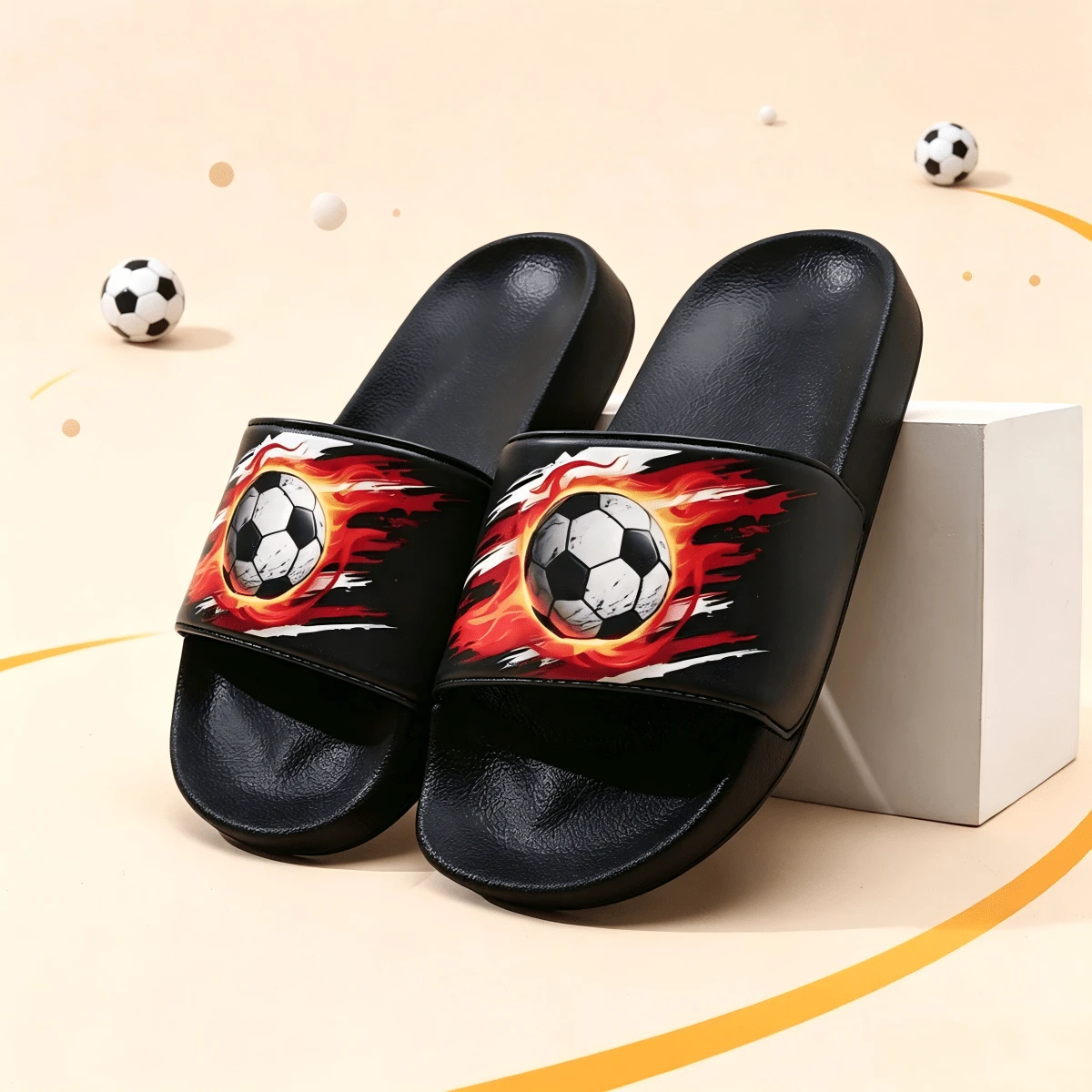 Cool Flame Vortex Soccer Design Kids Slippers, EVA Soft Sole, Durable, Home & Beach, Boys Summer Casual Foam Slides