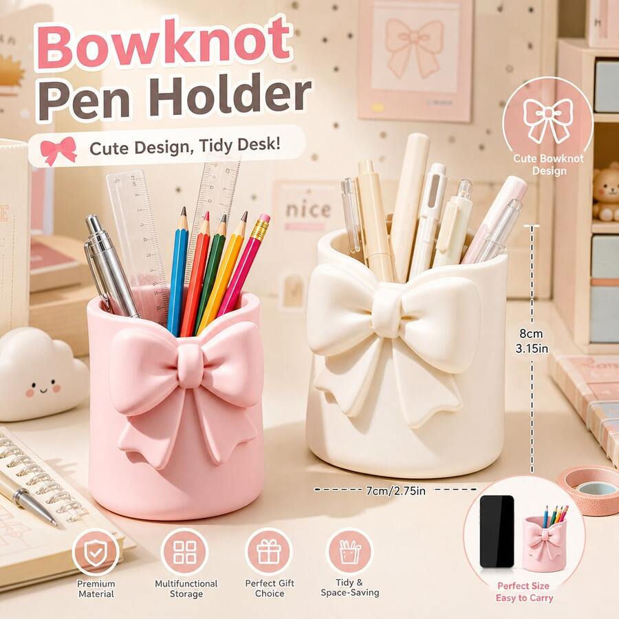 1pc Bowknot Round Pen Holder, 3D Printed Multi-Functional Storage Bucket, Home Storage Desk Stationery Makeup Vanity Storage Makeup Brushes Eyebrow Pencils Lipsticks, Student Storage Stationery Pencils Ballpoint Pens, Multi-Functional Storage Box High-Value Cute Pen Holder, Student Gift, Birthday Gift, Back To School Season Goodies - Round Bow Pen Holder - View 1