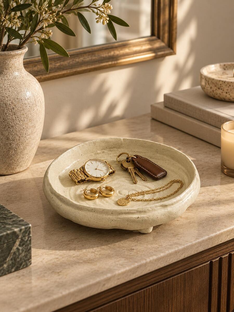 1pc Beige Asymmetrical Round Jewelry Tray, Elegant Storage Dish And Key Holder, Suitable For Rings, Earrings, Necklaces, Bracelets, Watches And Small Accessories, Entryway, Vanity, Dressing Table, Bedroom, Living Room Desktop Storage, Home Decor Gift - Multicolor - View 1