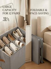 Compartment Oxford Cloth Shoe Storage Box, Minimalist Gray With Faux Leather Handle, Transparent Flip Lid, Large Capacity Foldable Design, Dust-Proof And Moisture-Proof, Wardrobe Bedroom Sneakers And Boots Organizer Storage Box - Multicolor - View 11